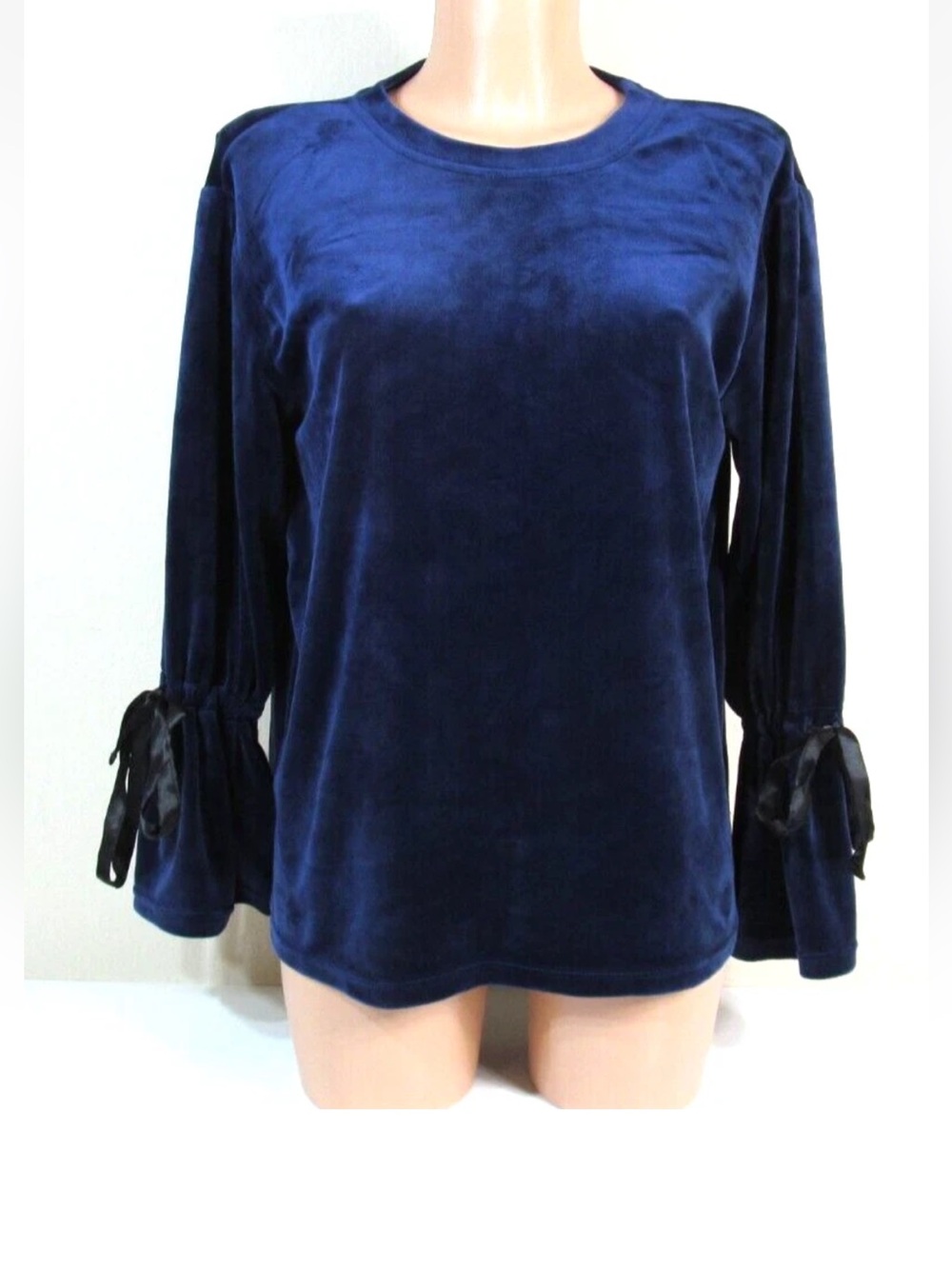 Philosophy Velvet Tie-Cuff Long Sleeve Top - Navy Blue